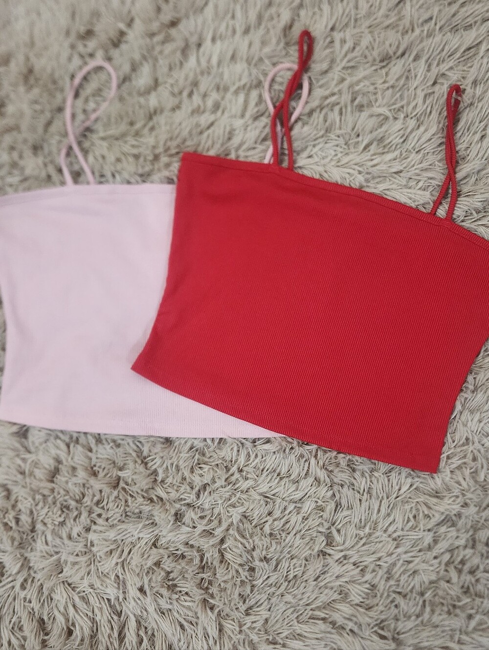 Spaghetti Strap Ribbed Crop Top- Red + Light Pink, MEDIUM